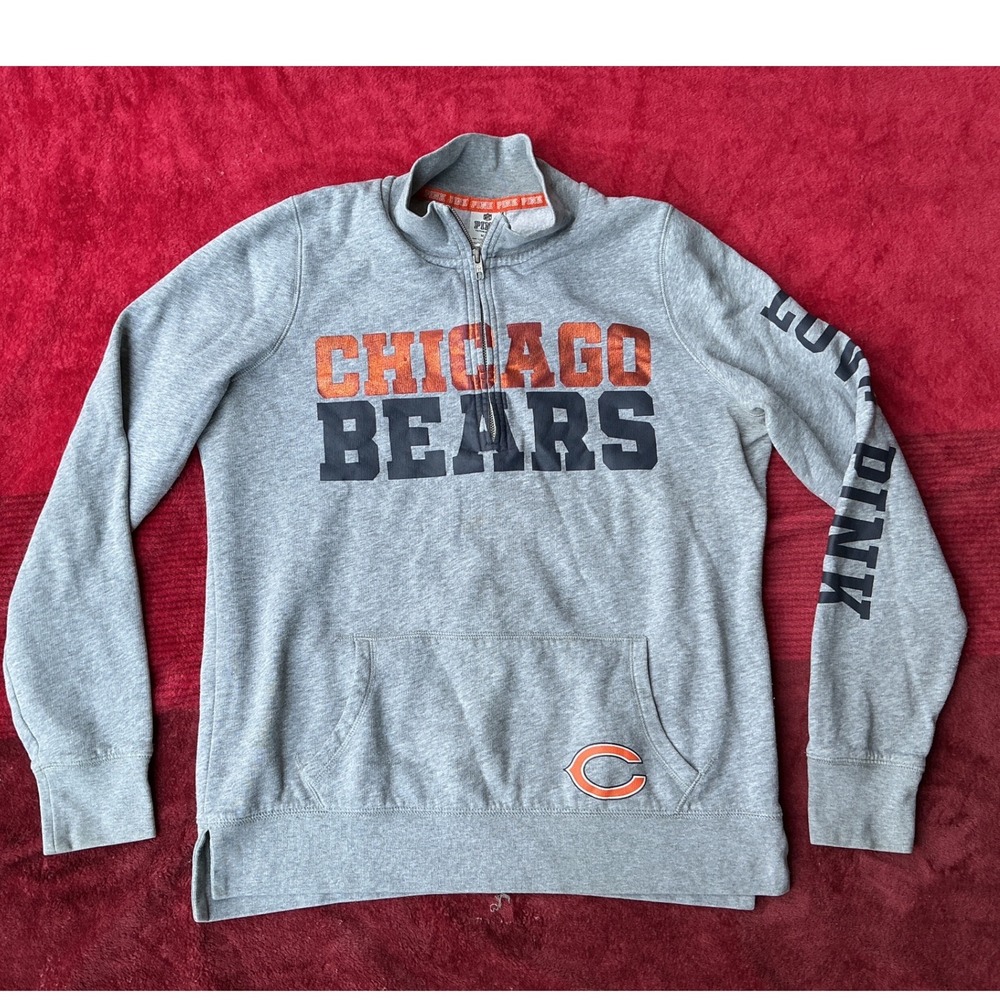 PINK Chicago Bears Quarter Zip Sweatshirt Women Medium Gray NFL Pullover VS